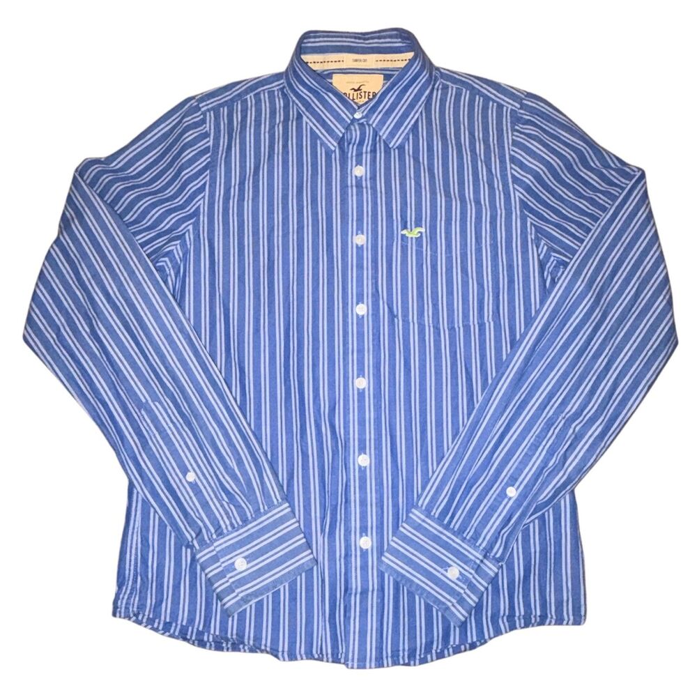 Vintage Hollister Y2K Blue White Striped Neon Green Button Down Shirt Mens Large